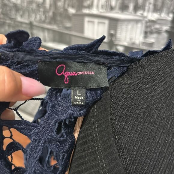 Bloomindale’s Aqua Women Dress Navy Blue Crochet Short Sleeve Large Crew Neck - Picture 4 of 11